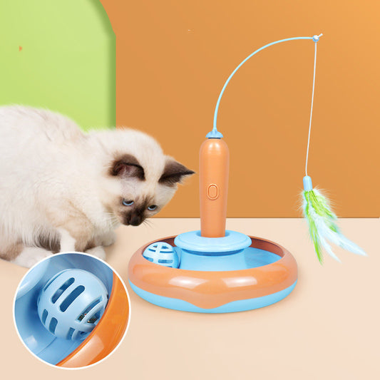 Feather spinner cat toy with round track for interactive play