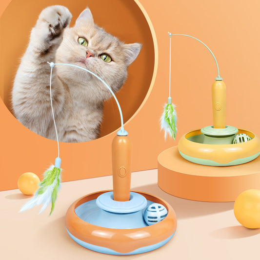 2-in-1 interactive turntable cat toy with feather for self-play