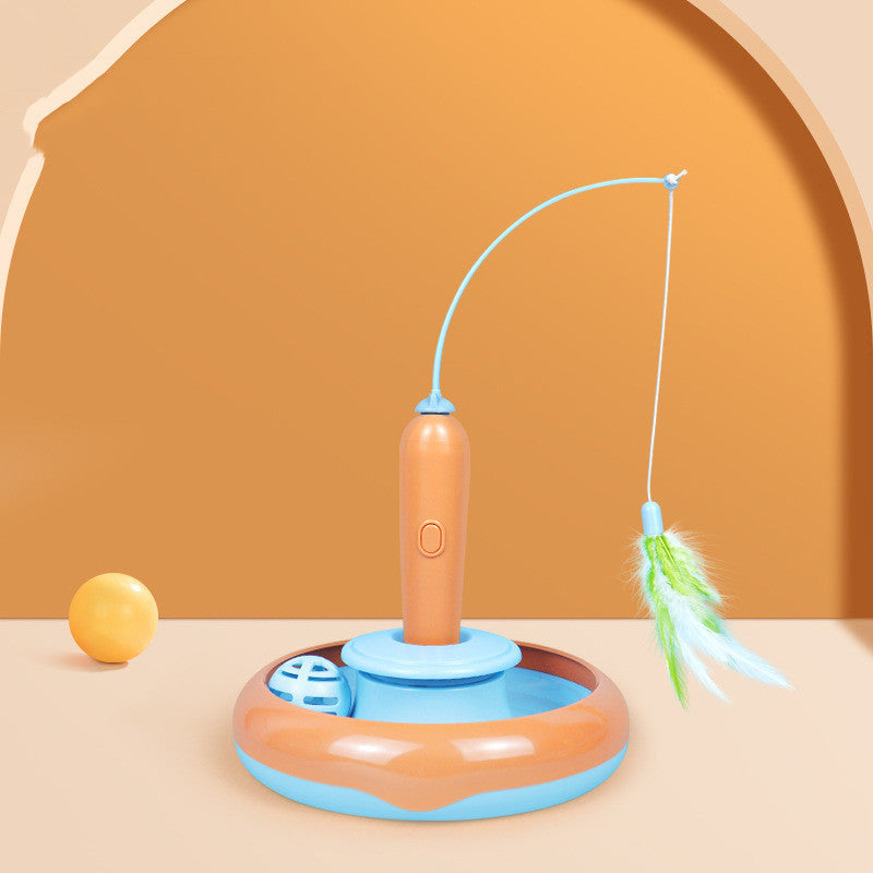 Interactive spinning feather toy and track ball game for cats