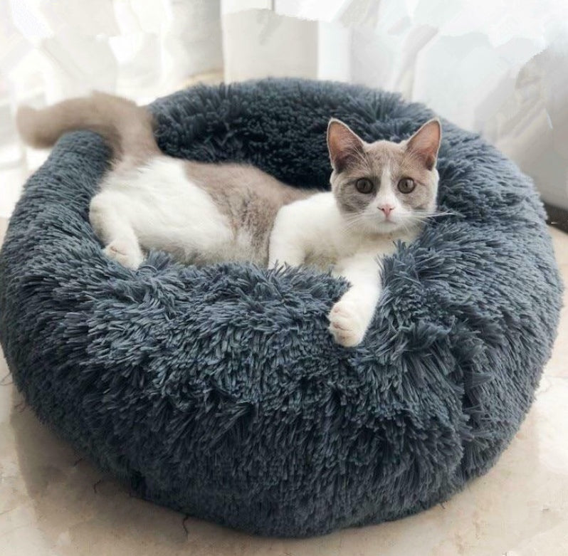 Soft round plush pet bed for small breed dogs
