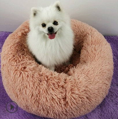 Fluffy round plush small dog bed with cozy padding