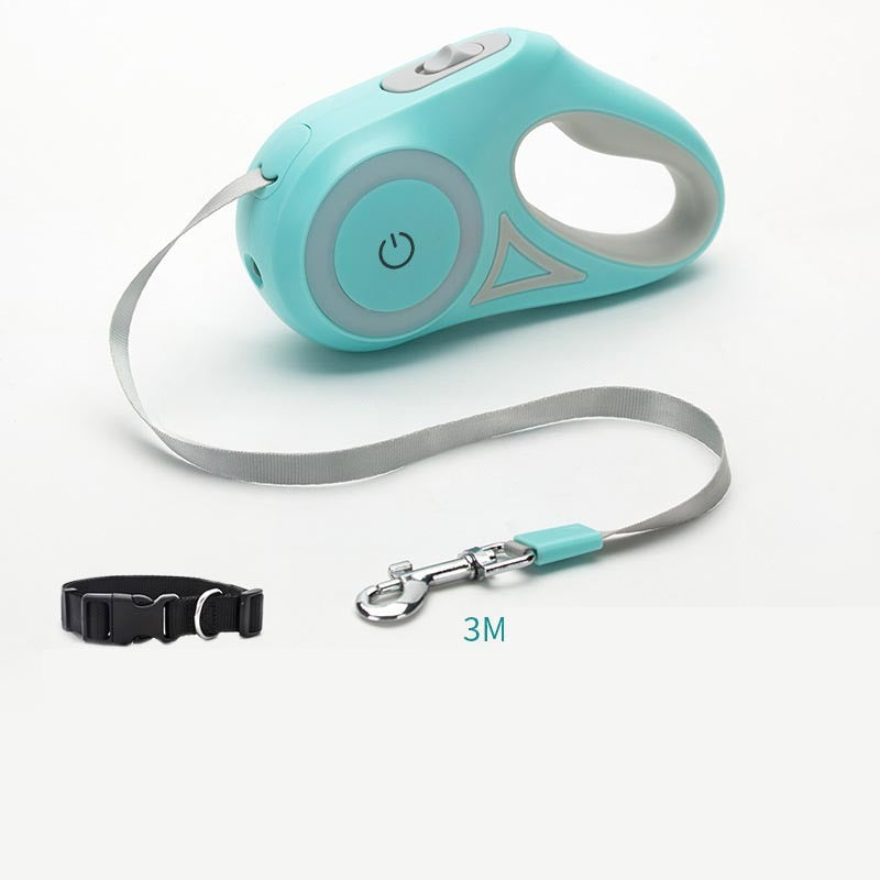 Night walking retractable pet leash with spotlight and collar