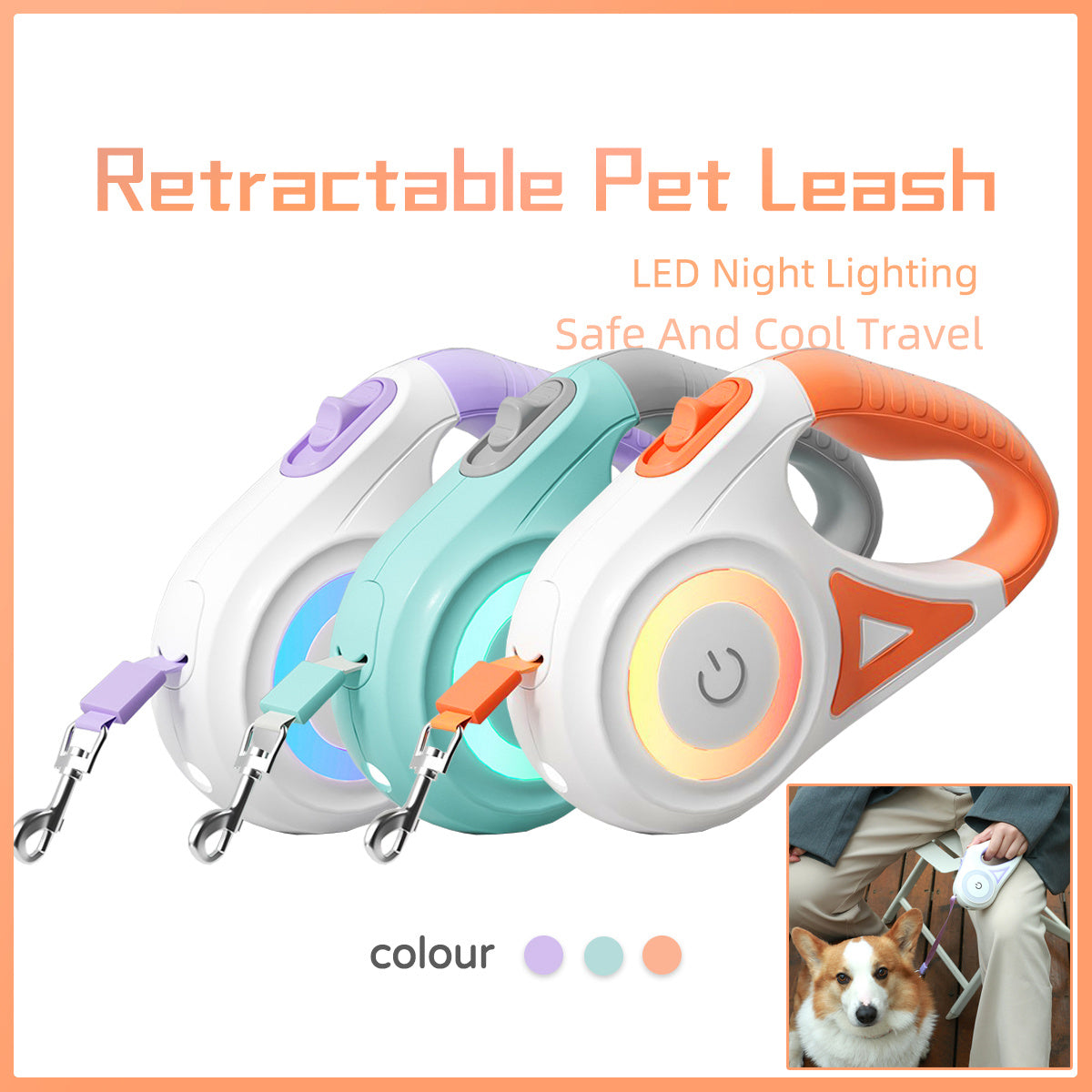 Automatic retractable dog leash with safety spotlight