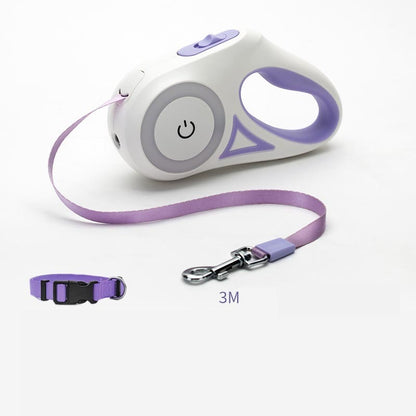 Adjustable retractable dog leash with collar and LED light