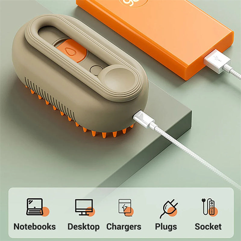 Electric steamy dog brush for hair detangling and cleaning