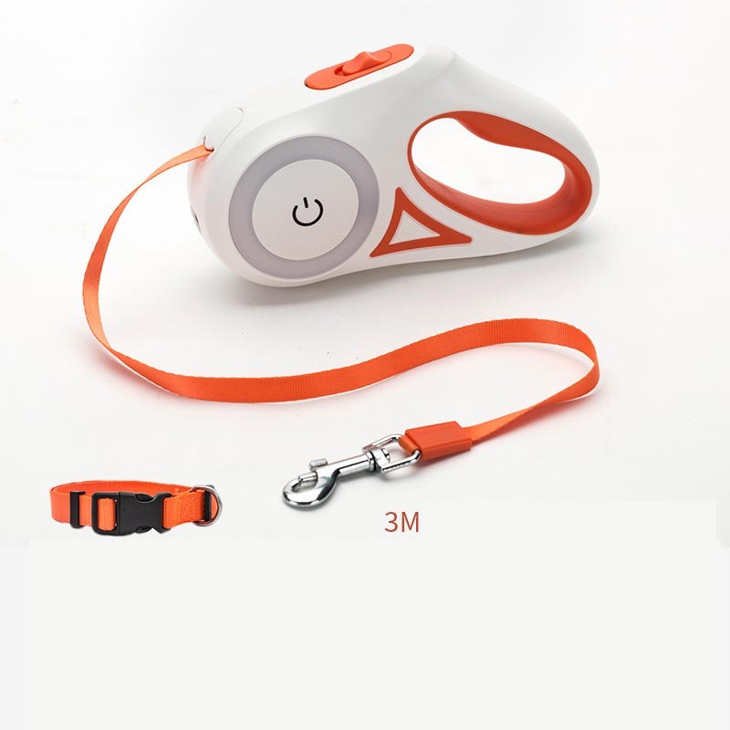 Dog leash with built-in spotlight and collar attachment