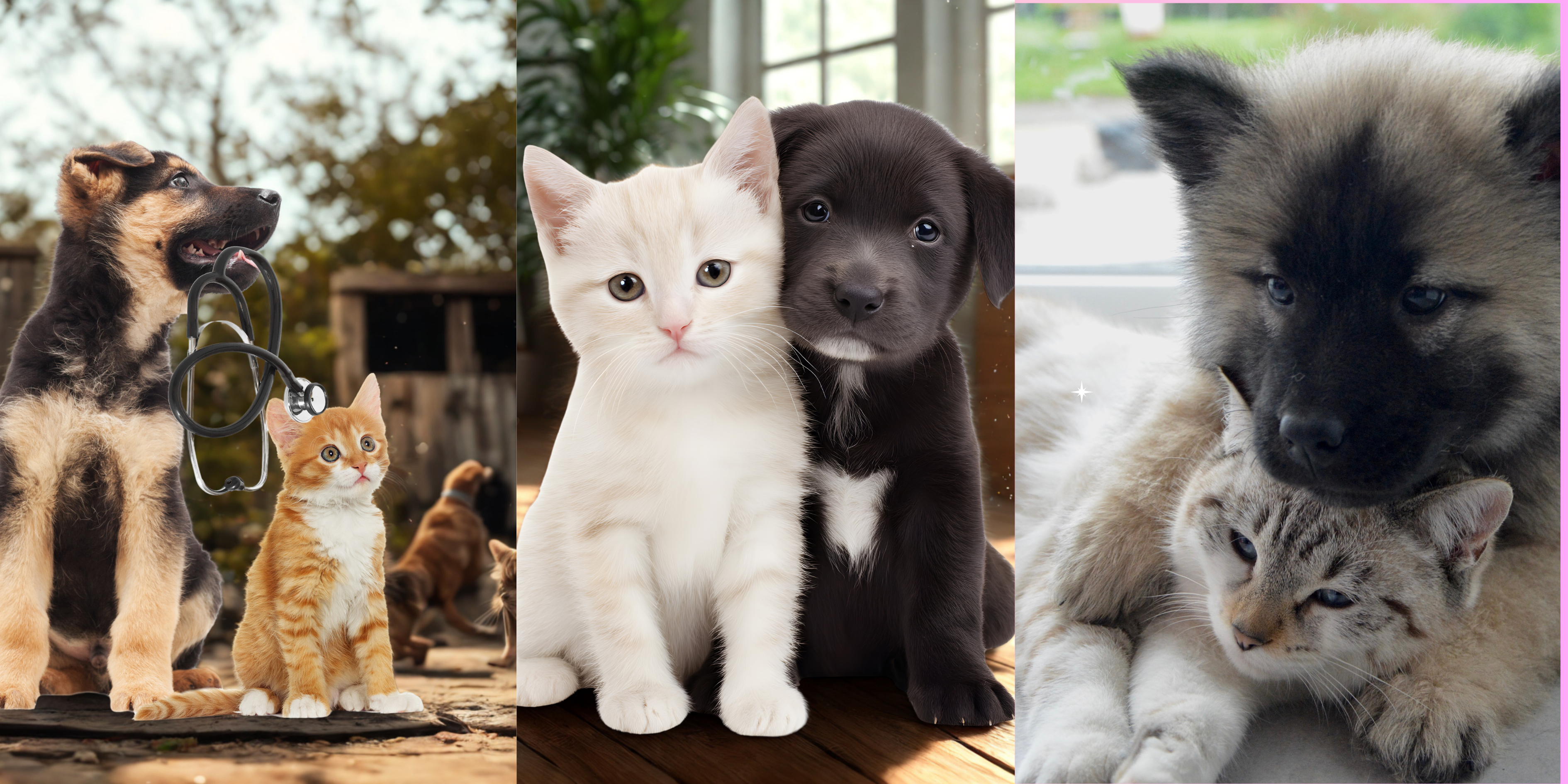 Happy cat and dog together in pet shop homepage banner