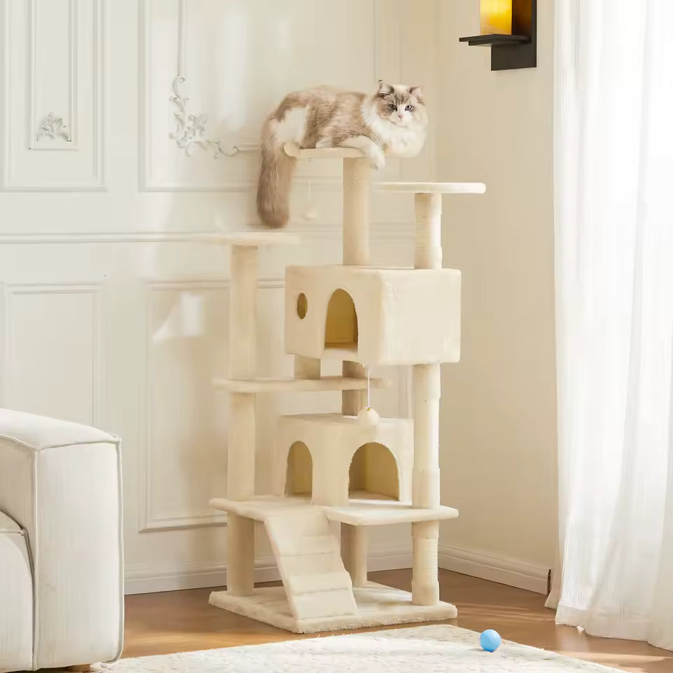 Tall 54 inch cat tower with plush beds and sisal scratch posts