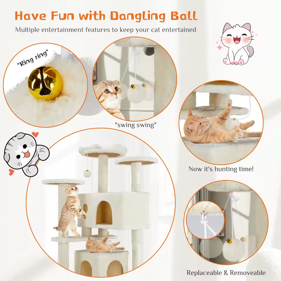 Plush indoor cat tree furniture with sisal scratching poles