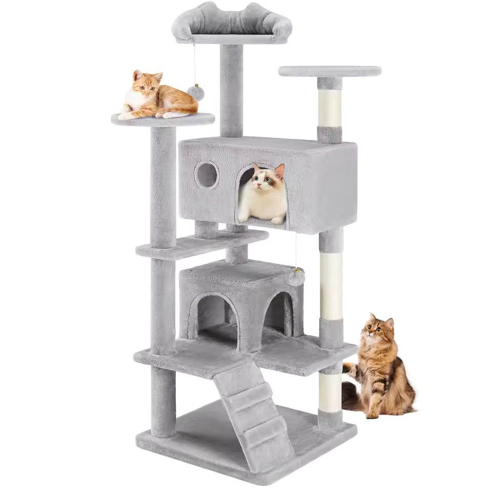Tall multi-level cat play tower with sisal rope scratching post