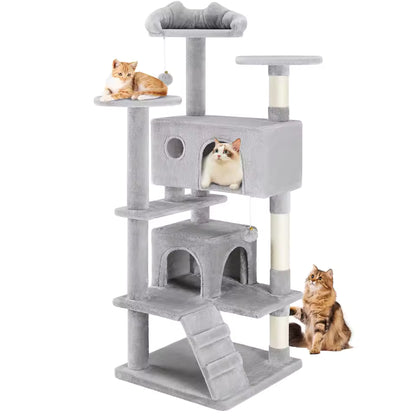 Tall multi-level cat play tower with sisal rope scratching post