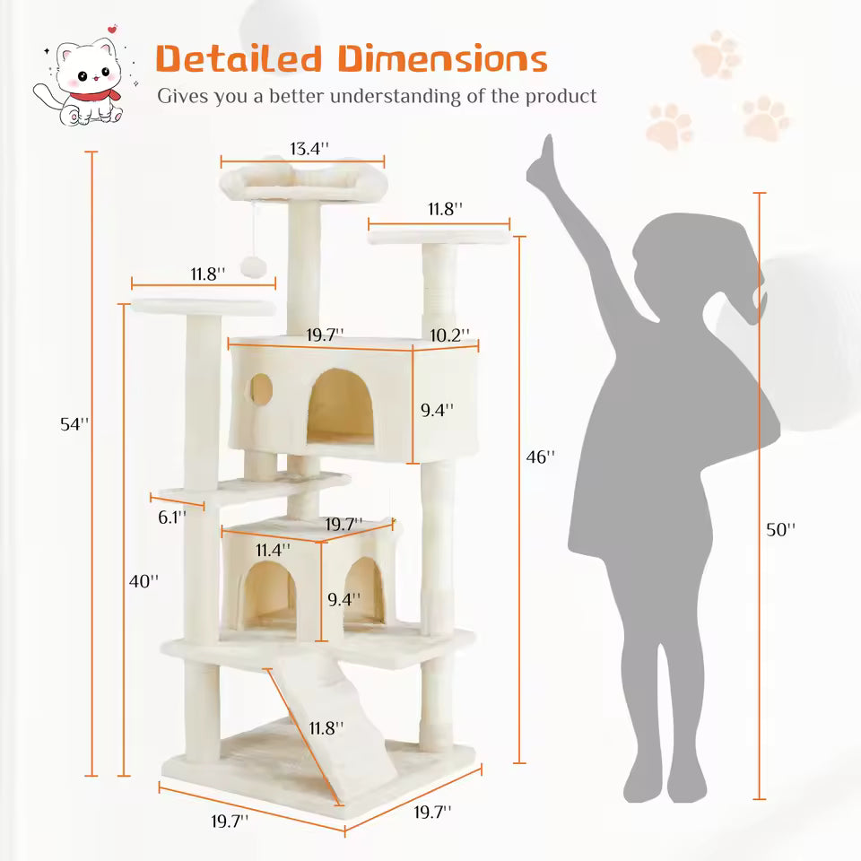Stable 54 inch tall cat tower with kitty condo and playhouse