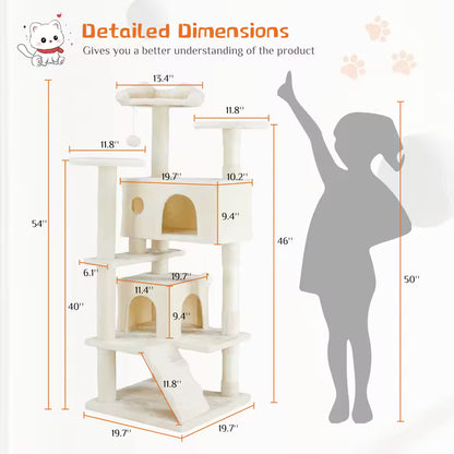 Stable 54 inch tall cat tower with kitty condo and playhouse