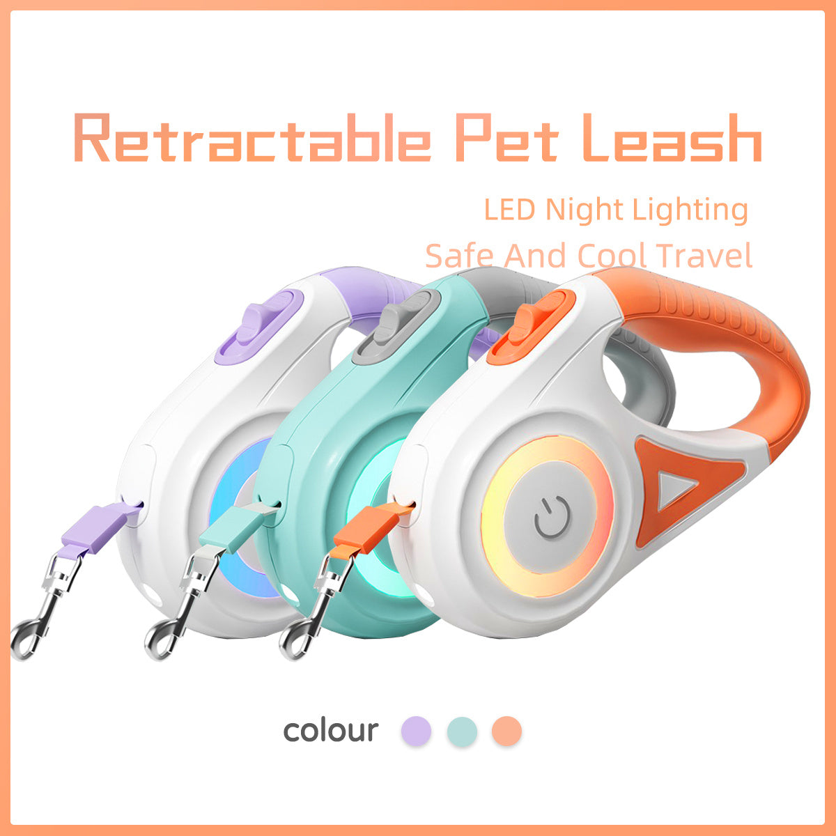 Pet retractable leash and collar set with LED spotlight