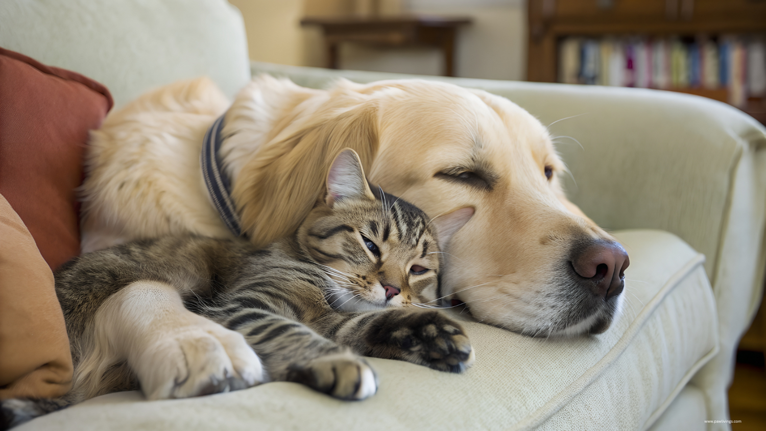 Fluffy cat and friendly dog banner for pet lovers