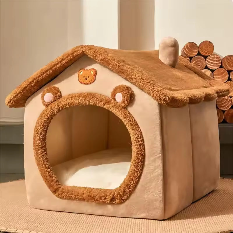 Warm plush foldable bed house for pets indoor use