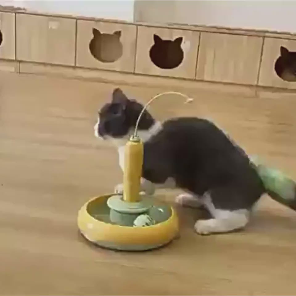 Round turntable cat toy with feather spinner for active play